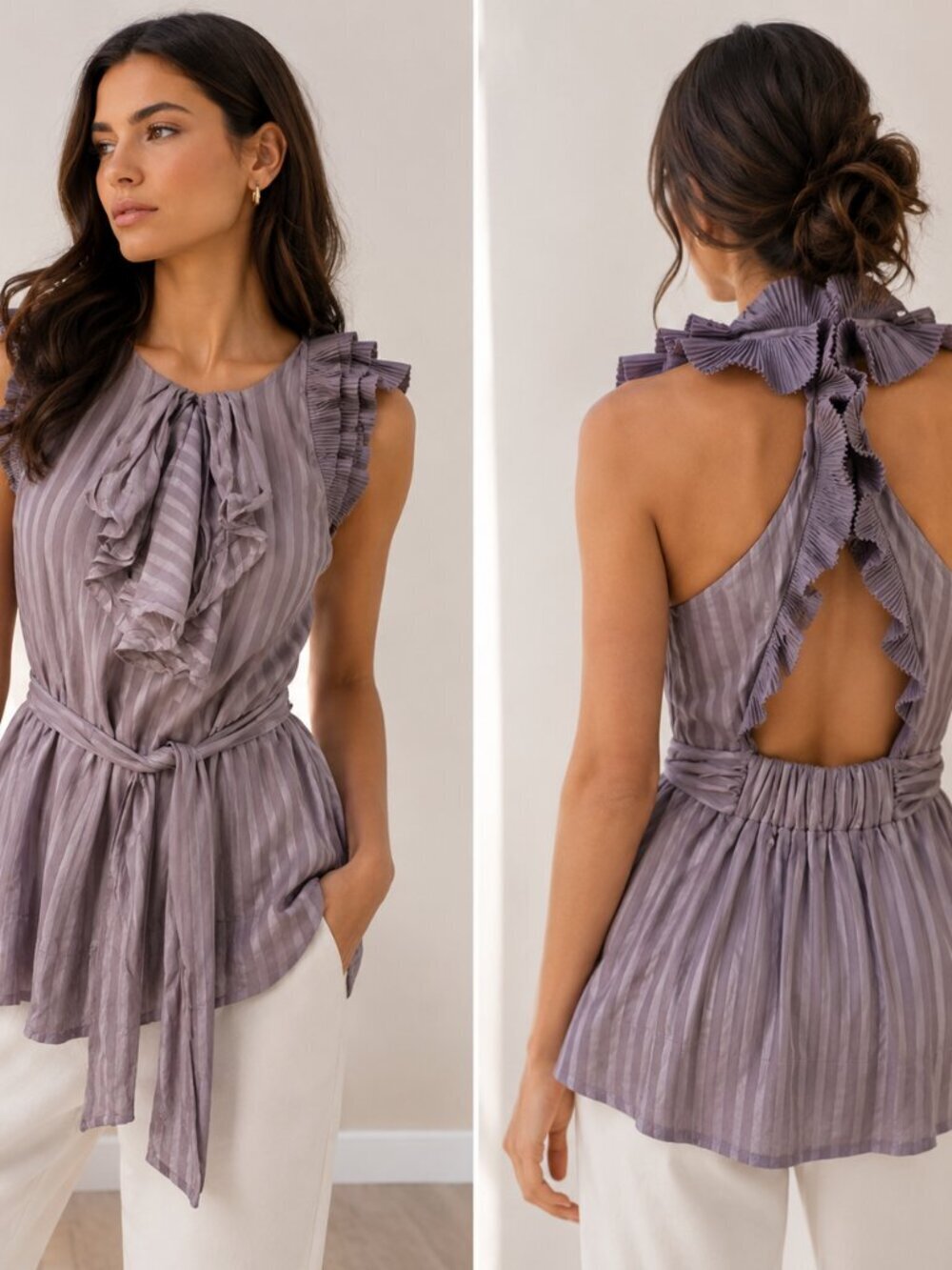 BCBGMaxAzria 100% Silk Mauve Ruffle Sleeveless Blouse Romantic Open Back Top